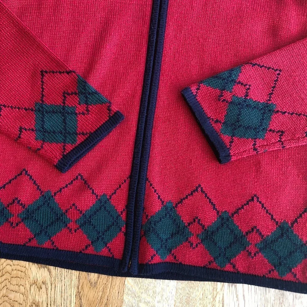 Vintage Lucia Red Argyle 2 Piece Set Top Full Zip Cardigan Medium